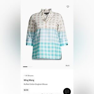Ming Wang Women’s Ruffled Cotton Gingham Blouse Spring Casual Tan/Blue Size Med